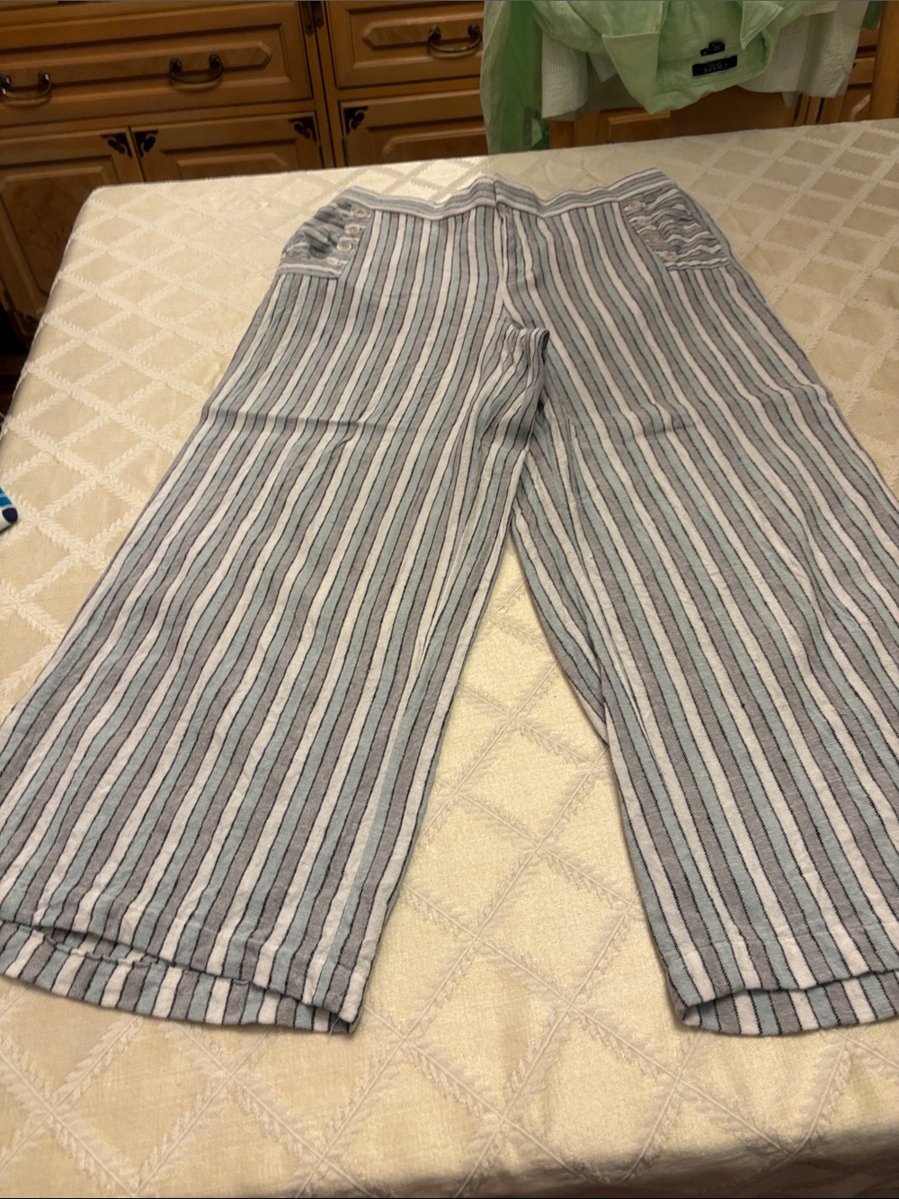Rafaella Gray and Light Blue Striped Wide-Leg Pants